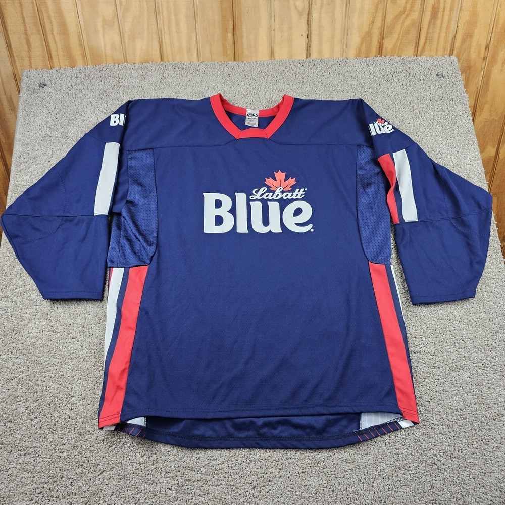 Labatt Blue Athletic Knit Hockey Jersey Men's Size XL Canadian Beer Blue & Red